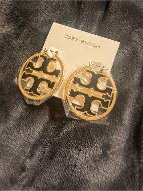 Tory Burch Gold and Black Logo Medallion Earrings
